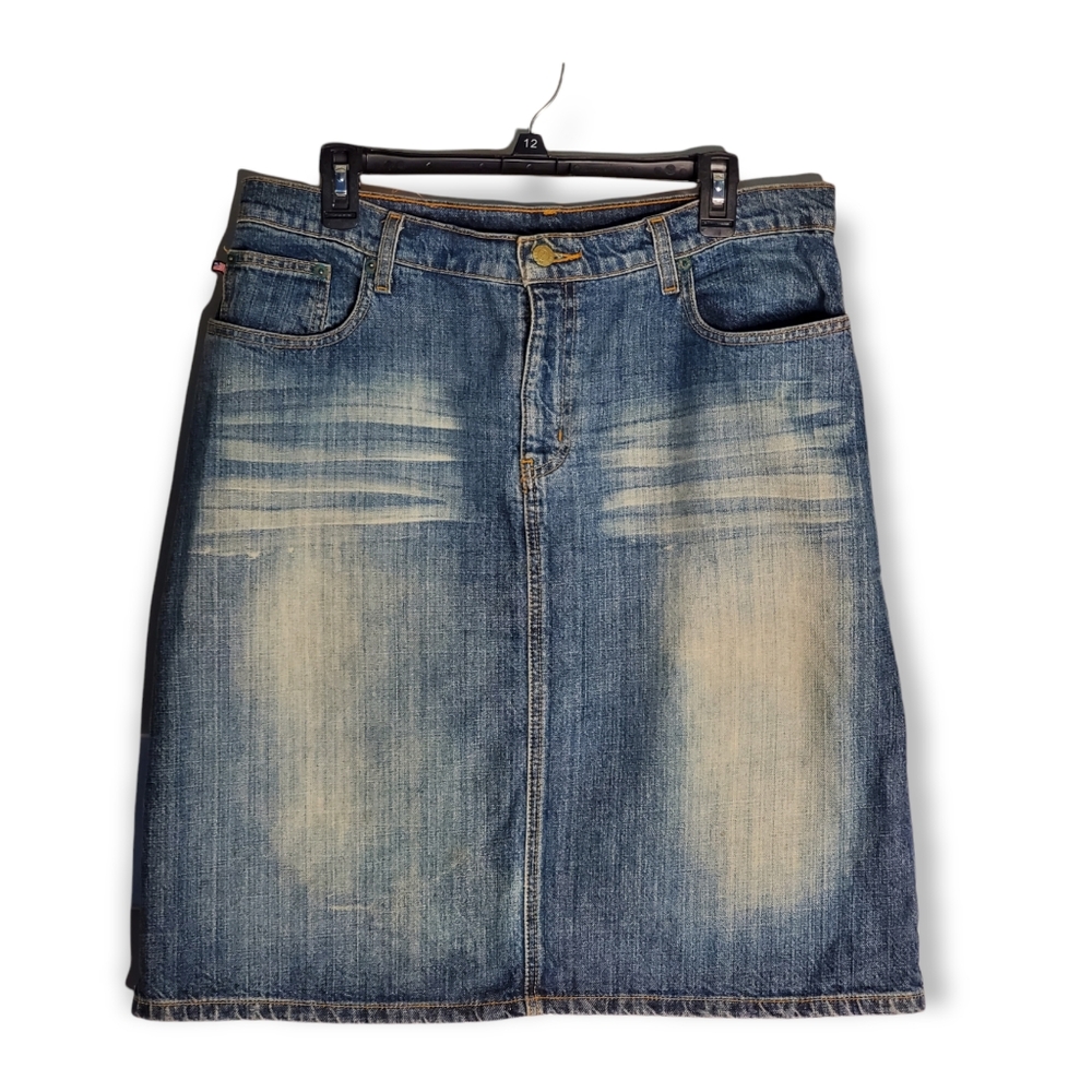 POLO RALPH LAUREN 90s Blue Denim Knee Skirt Medium Washed Flag Logo Sz 12